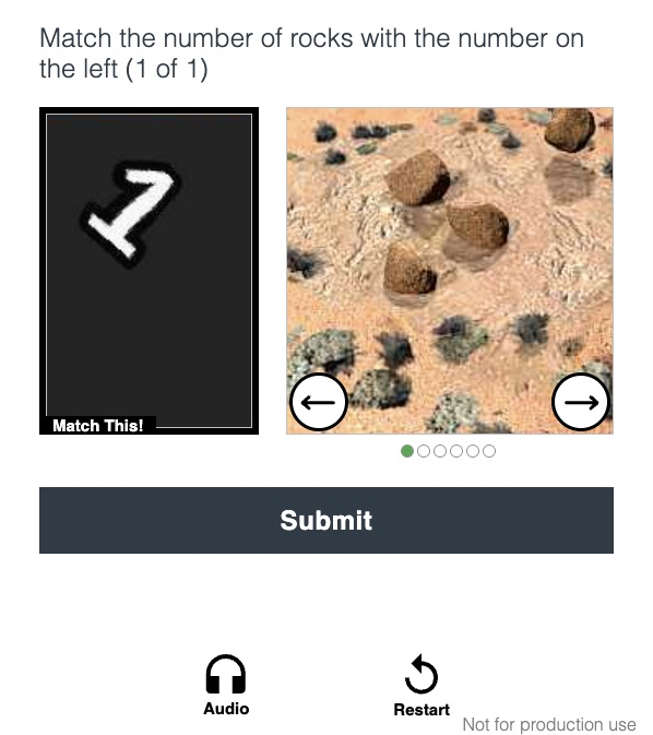 Official Arkose demo visual challenge showing instructions, a comparison of rock counts, navigation arrows and one round.