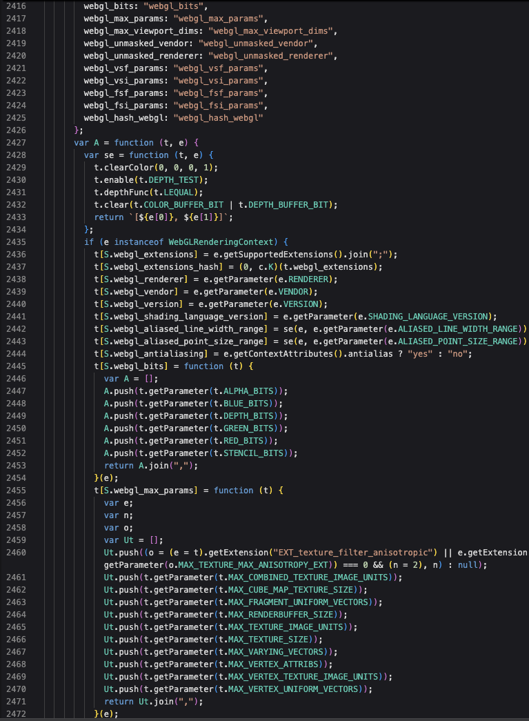 WebGL collector in the webcrack output, captured October 6, 2026, showing graphics extension and renderer queries.