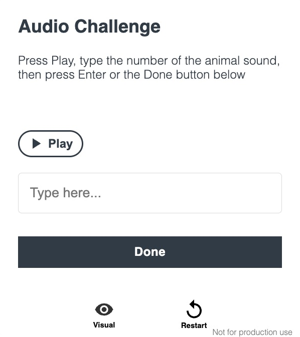 Official Arkose demo audio alternative with instructions, a Play control, an answer field and a Done button.